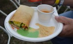 Dosa with coconut and mint sauces and veg soup