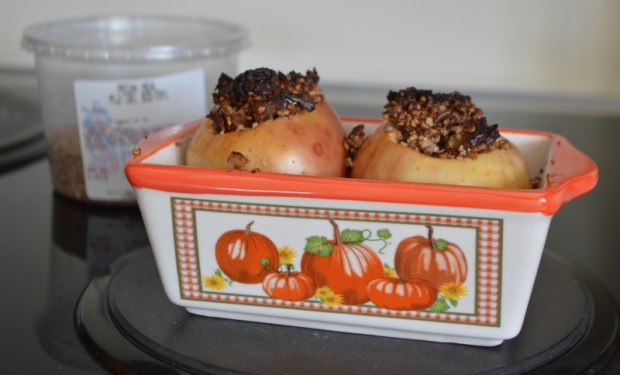 Baked apples, cored and stuffed with chopped dates, pecans and cinnamon