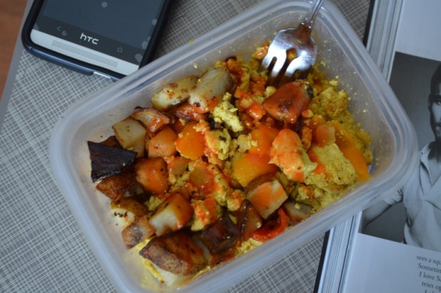 Lunch - Tofu scramble with roasted potatoes and Frank's hot sauce