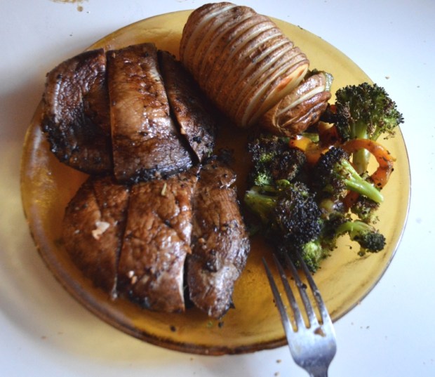 Dinner - 2 portobello mushrooms, roasted broccoli, and a baked potato